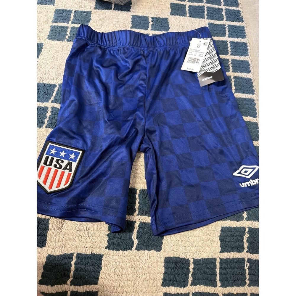 Umbro Soccer Shorts Boys Youth Medium 10/12 Blue Check Performance NWT USA